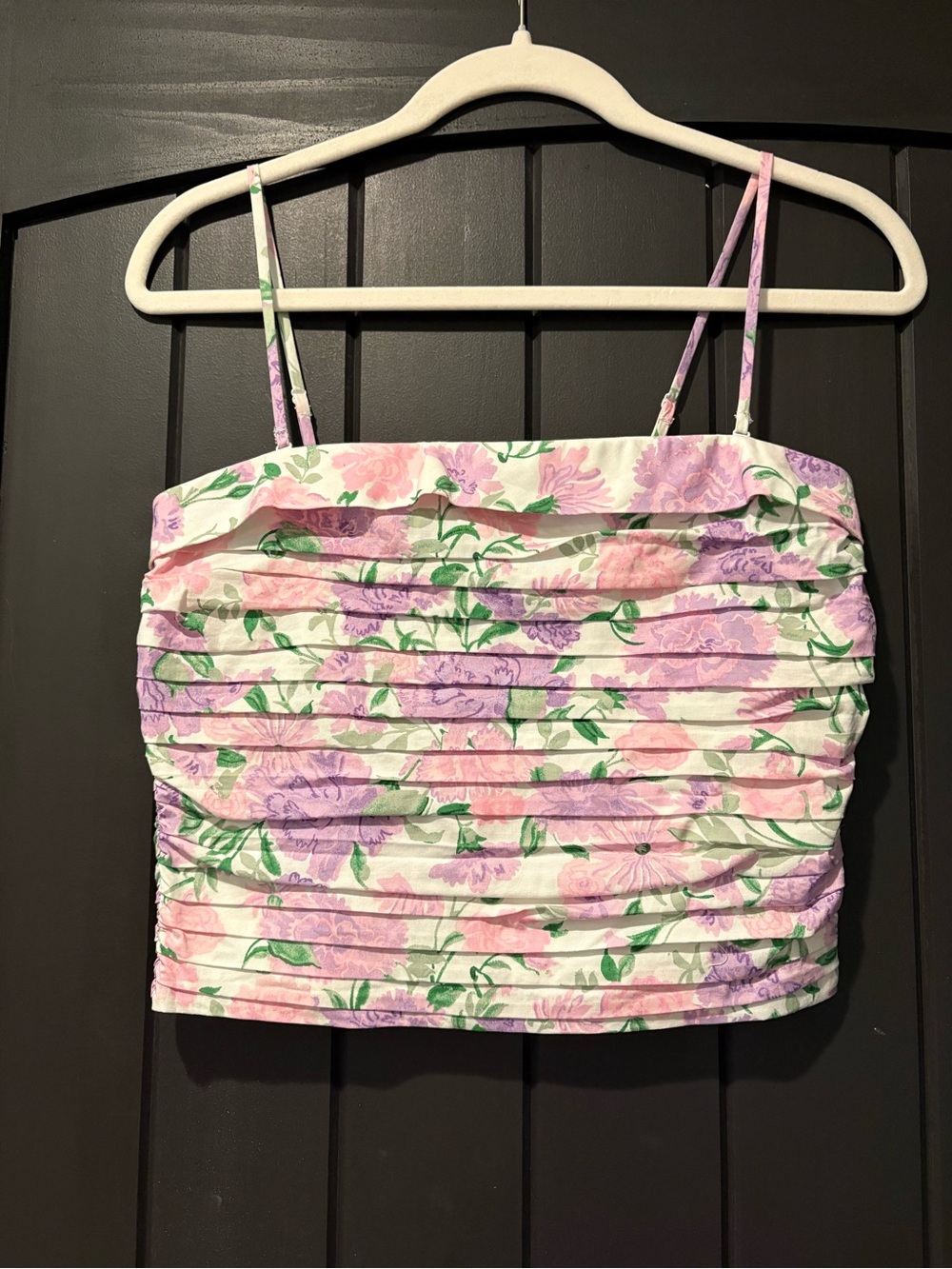 Wayf Pink & Purple Floral Pleated Spaghetti Top with removable straps